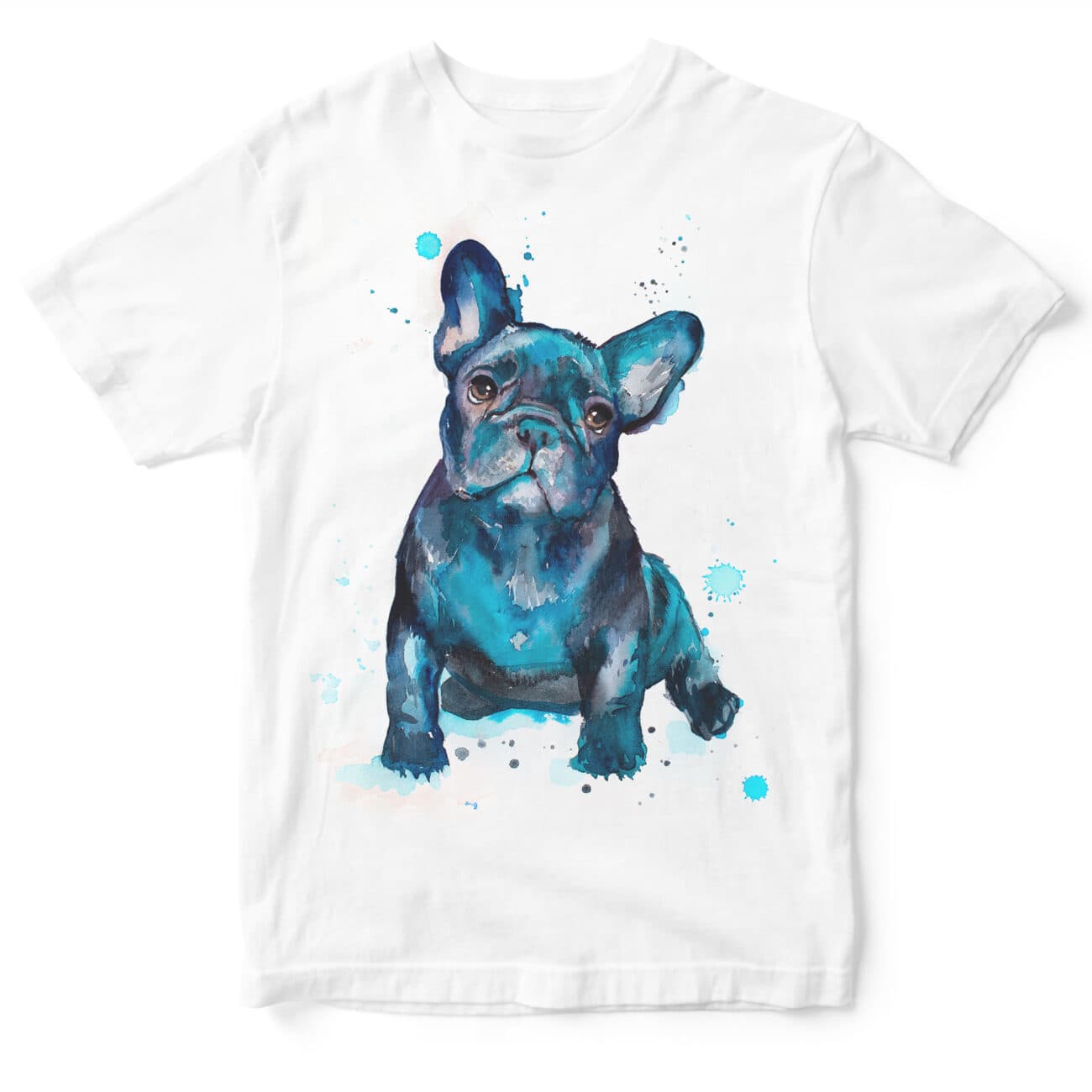 T-shirt featuring an artistic blue watercolor French Bulldog
illustration